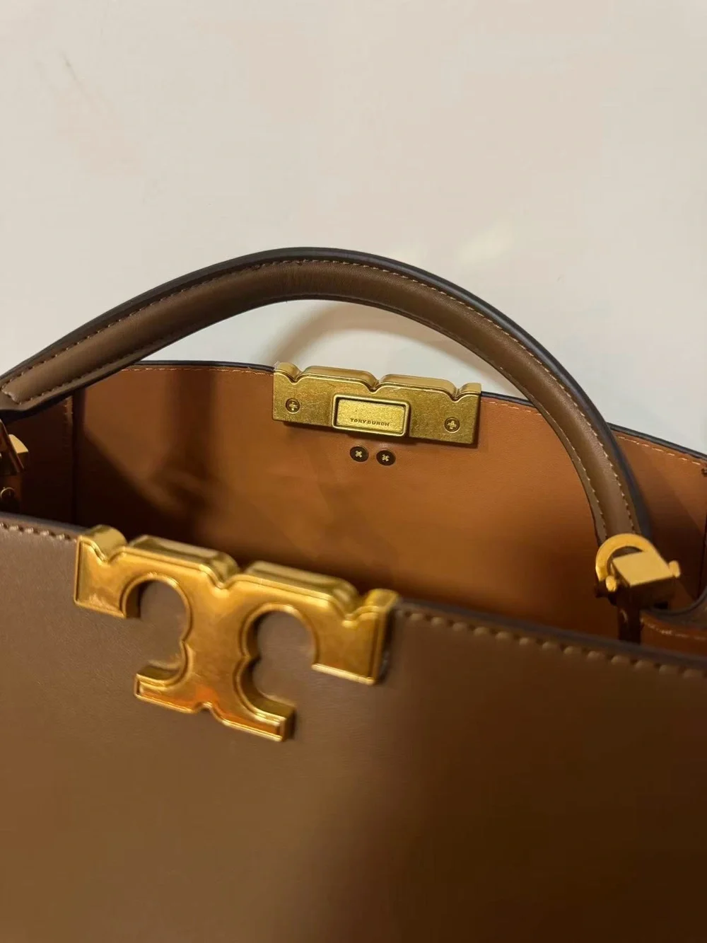 Tory Burch Brown Leather Top-Handle Shoulder Bag with Gold Logo Hardware